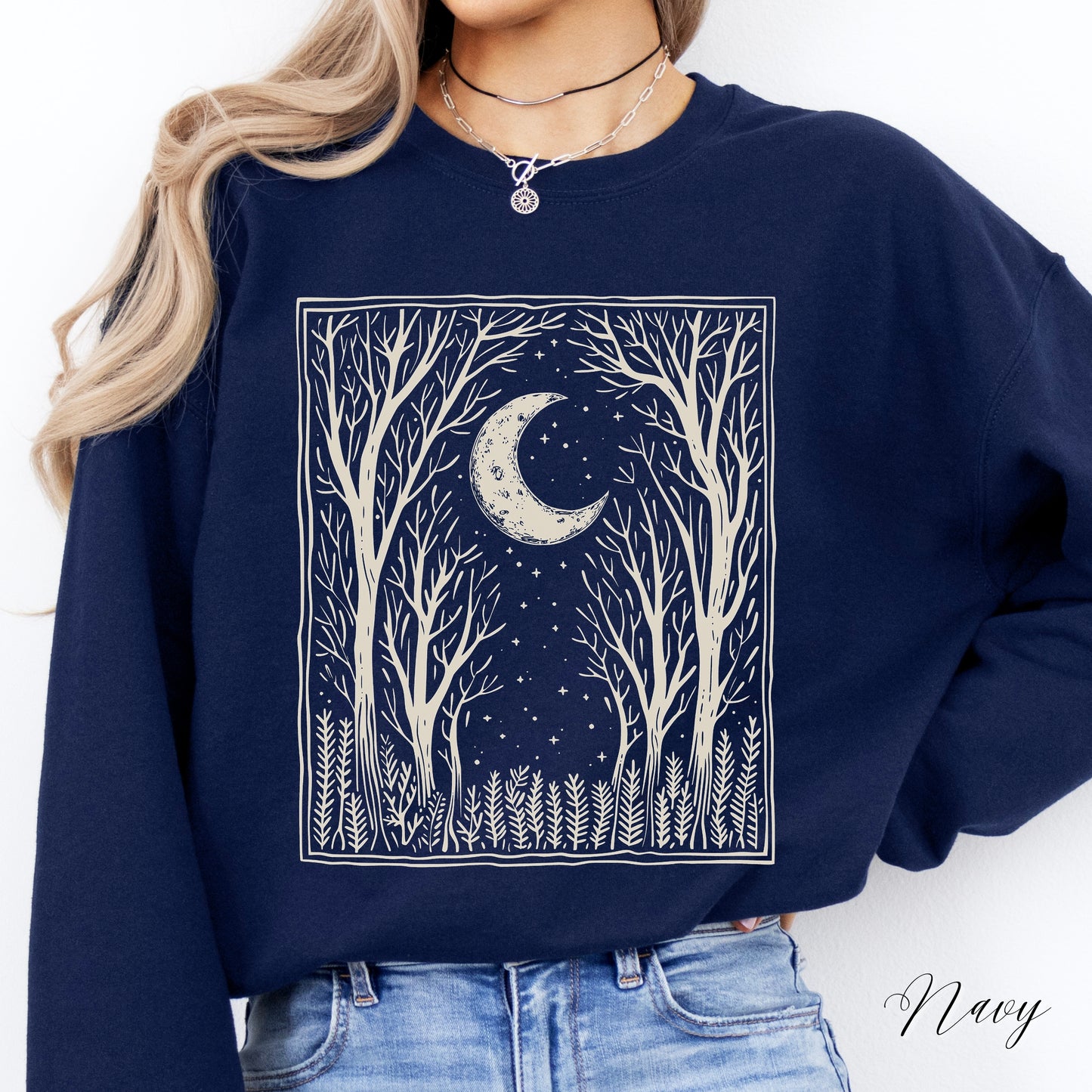 Bohemian Dark Forest Sweatshirt - Vintage Aesthetic Woodland and Moon Jumper
