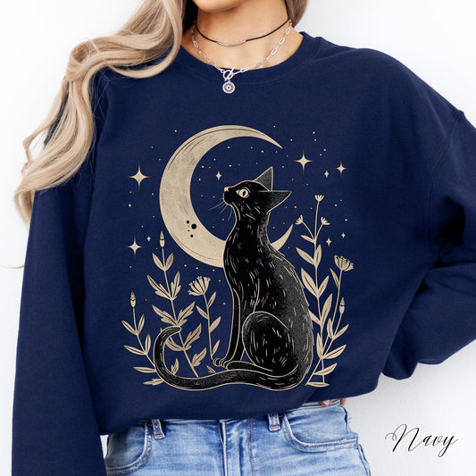 Mystical Moon and Cat Sweatshirt - Vintage Cottagecore Aesthetic Jumper