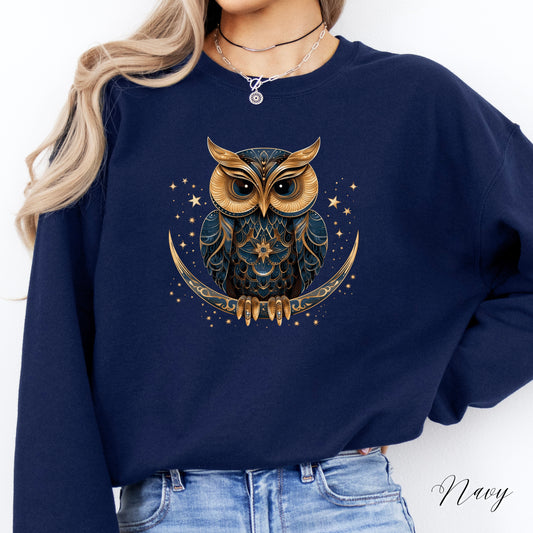 Celestial Moon Owl Sweatshirt - Bohemian Winter Sweatshirt - Christmas Sweatshirt