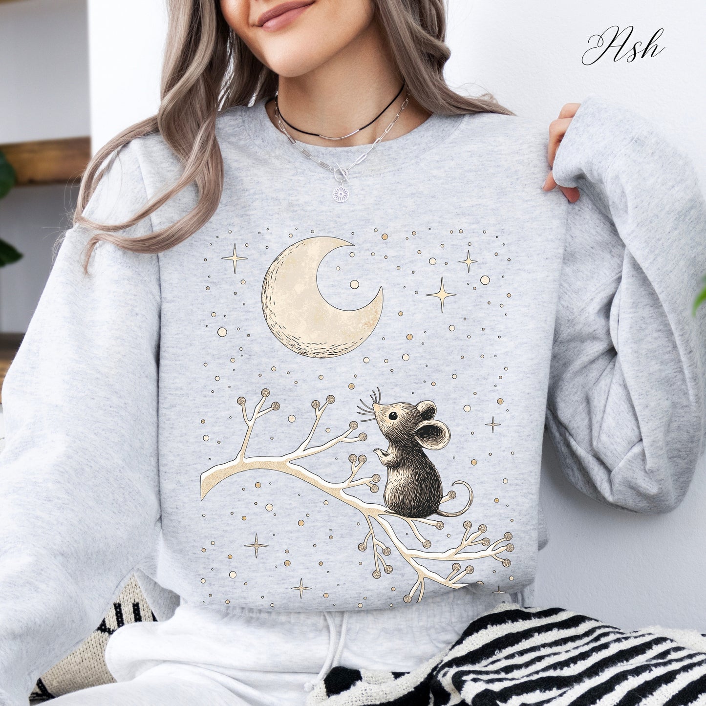 Winter Moon Mouse Christmas Sweatshirt - Celestial Winter Animal Jumper