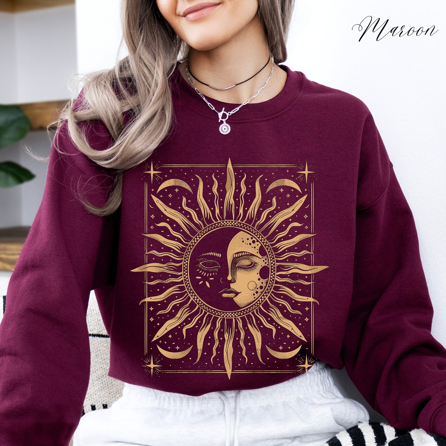 Boho Sun and Moon Phase Sweatshirt - Vintage Style Hippie Jumper