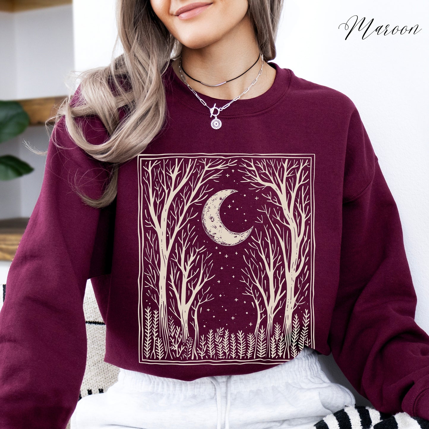 Bohemian Dark Forest Sweatshirt - Vintage Aesthetic Woodland and Moon Jumper