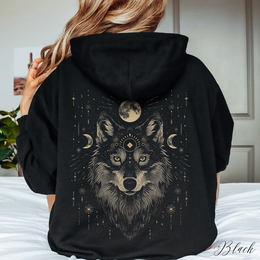Mystic Moon Wolf Hoodie - Celestial Folklore Graphic Hoodie