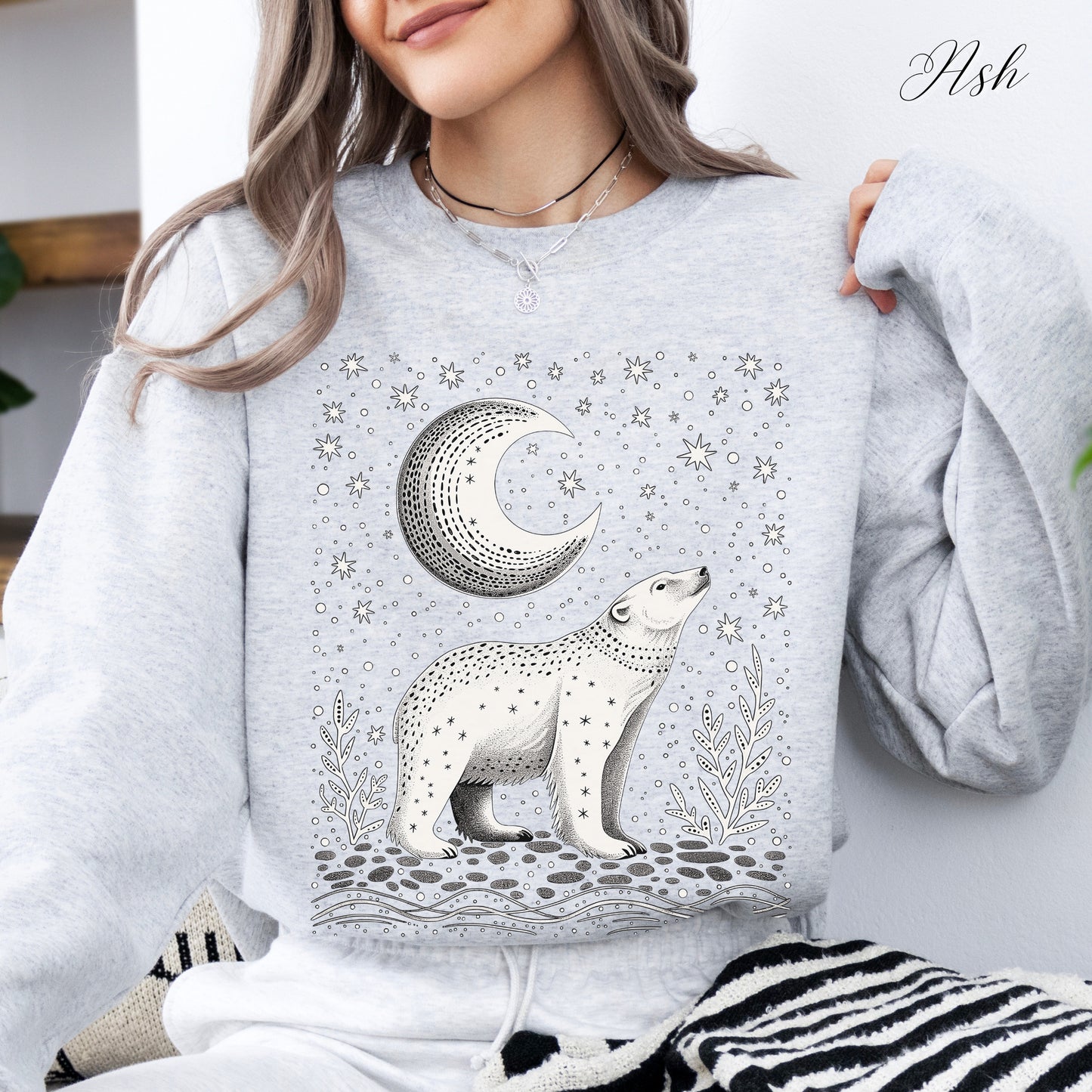 Mystic Moon and Polar Bear Sweatshirt - Nordic Animal Christmas Sweatshirt