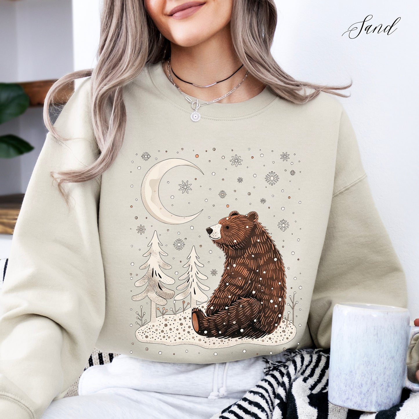 Winter Moon Bear Sweatshirt - Boho Christmas Sweatshirt