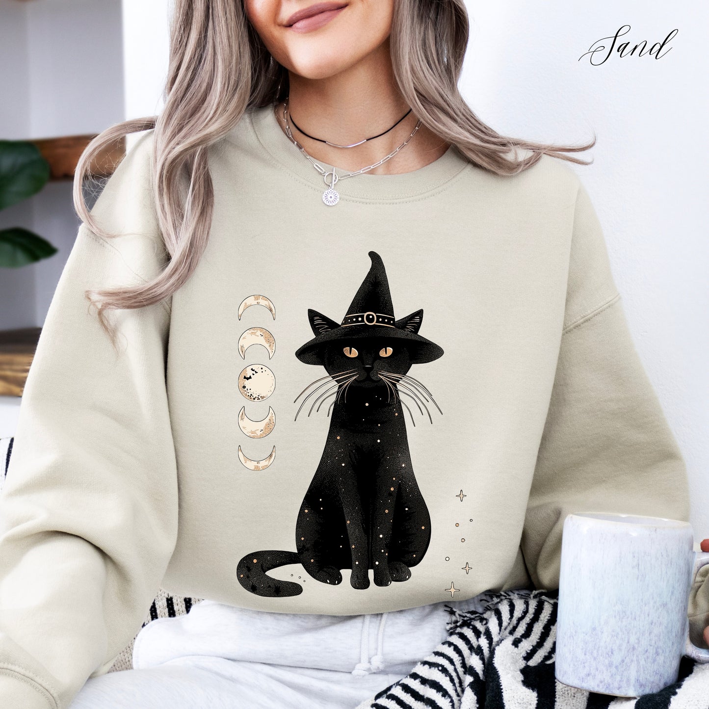 Halloween Cat Sweatshirt - Moon Cat Halloween Sweatshirt - Witch Cat Jumper