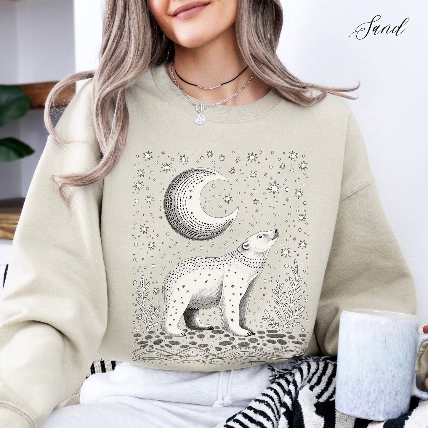 Mystic Moon and Polar Bear Sweatshirt - Nordic Animal Christmas Sweatshirt