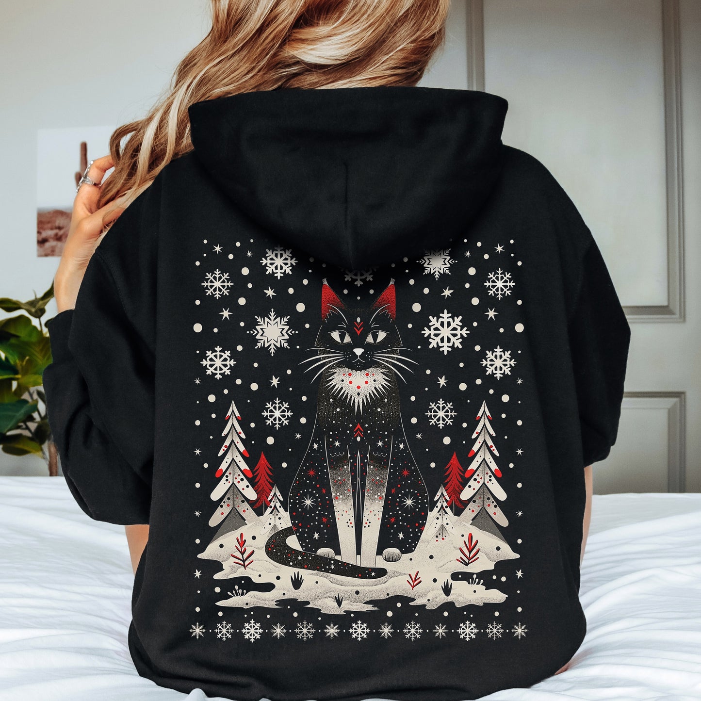 Scandinavian Christmas Cat Hoodie - Boho Christmas Hoodie