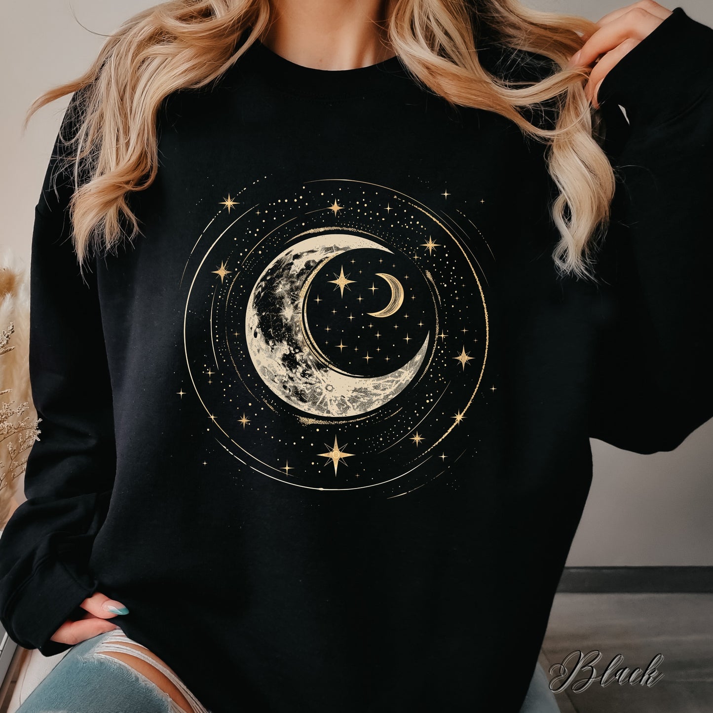 Crescent Moon Sweatshirt - Bohemian Moon Phase and Stars Jumper