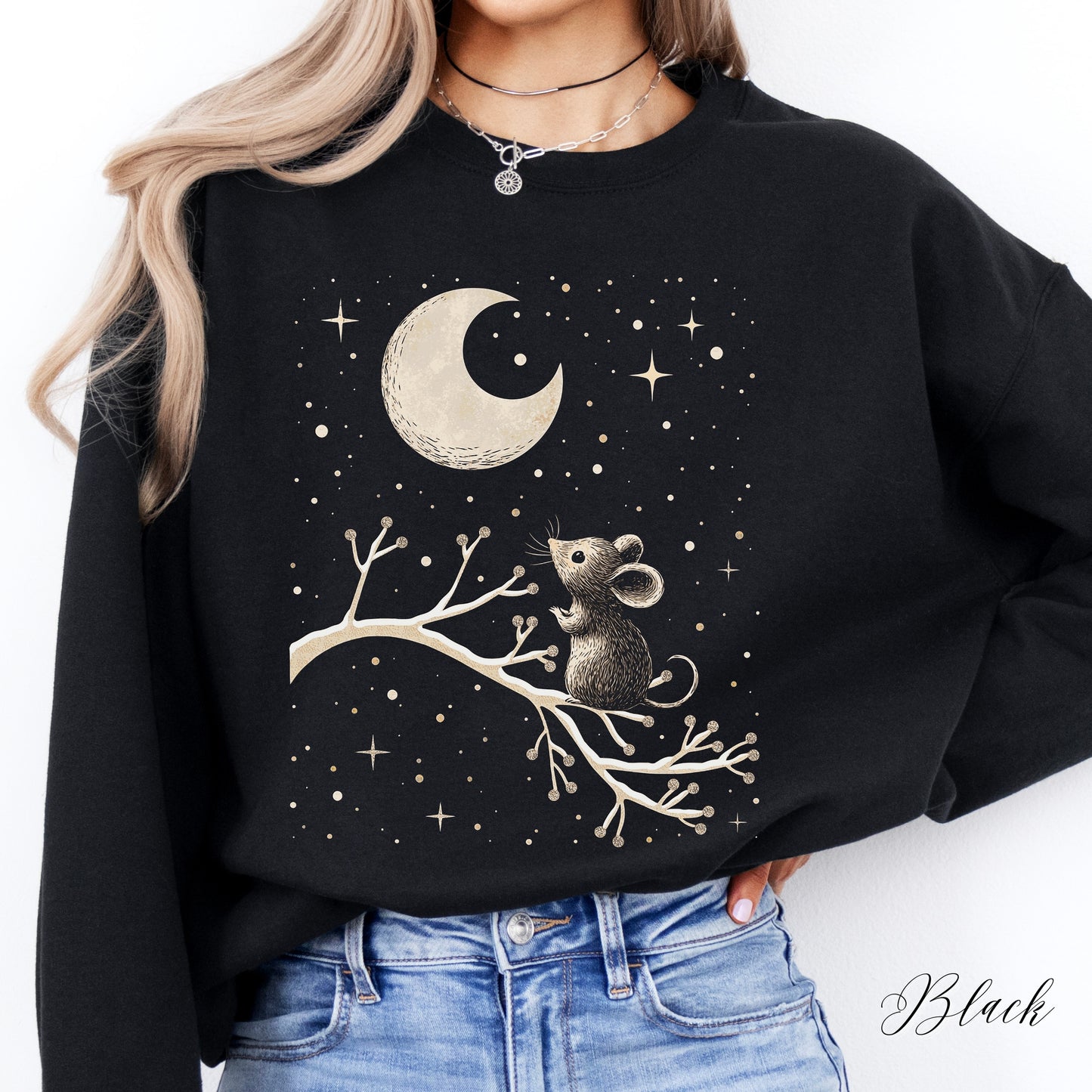 Winter Moon Mouse Christmas Sweatshirt - Celestial Winter Animal Jumper