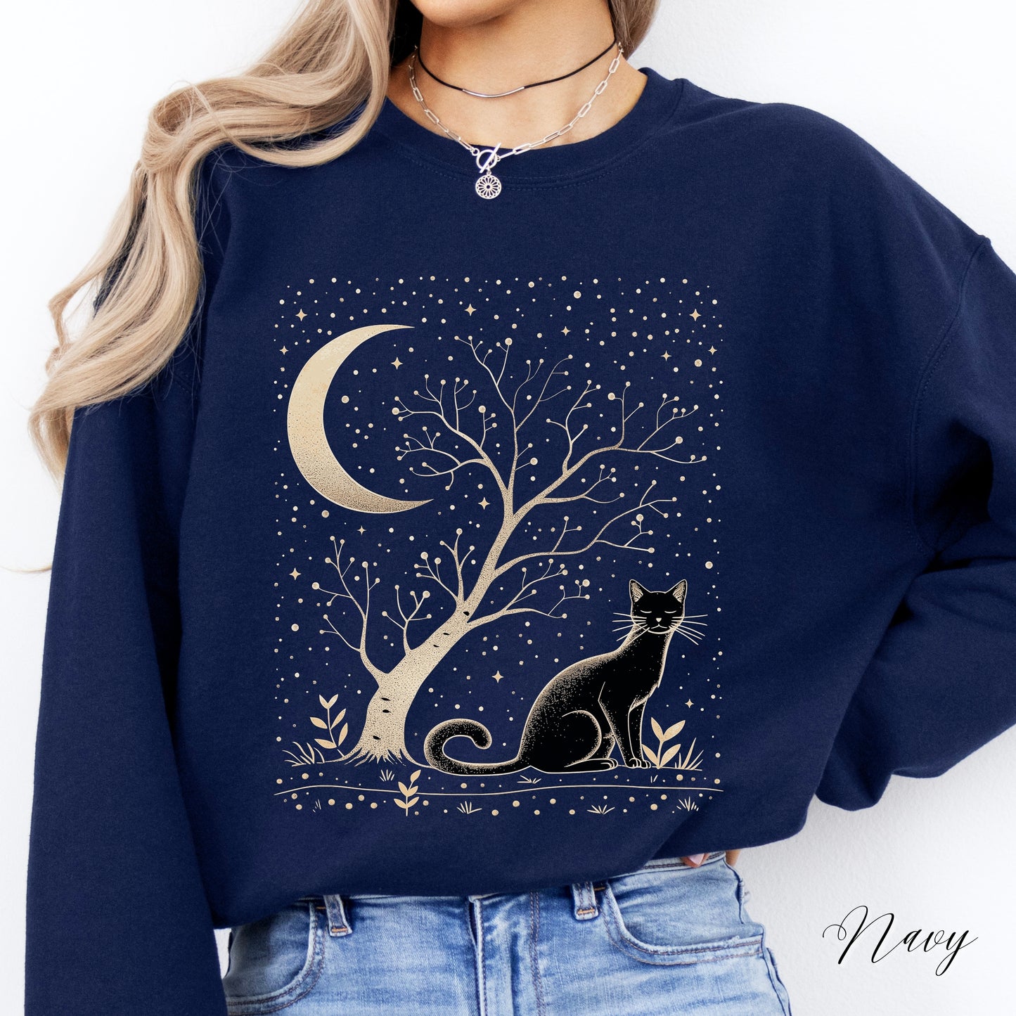 Mystical Cat Sweatshirt - Cat, Tree and Moon Jumper - Bohemian Celestial Sweatshirt