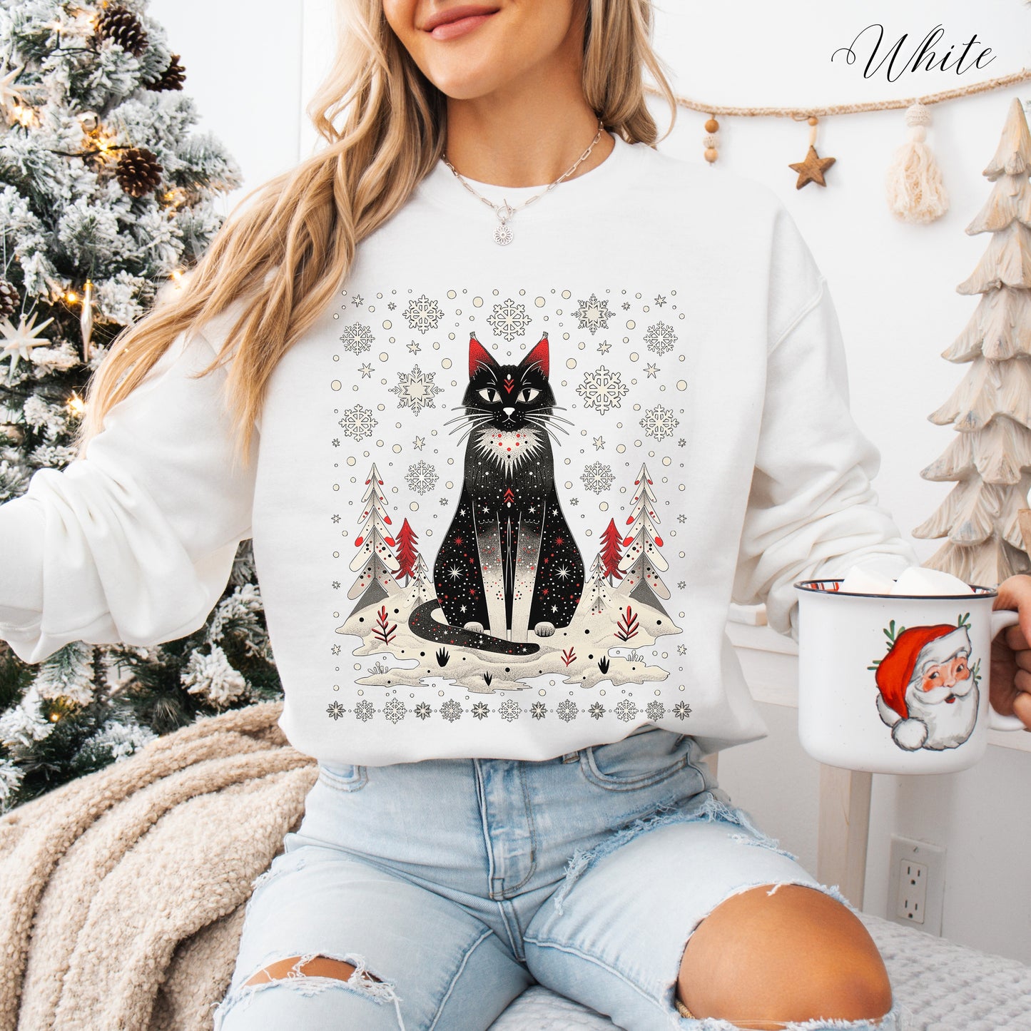 Scandinavian Christmas Cat Sweatshirt - Boho Christmas Sweatshirt
