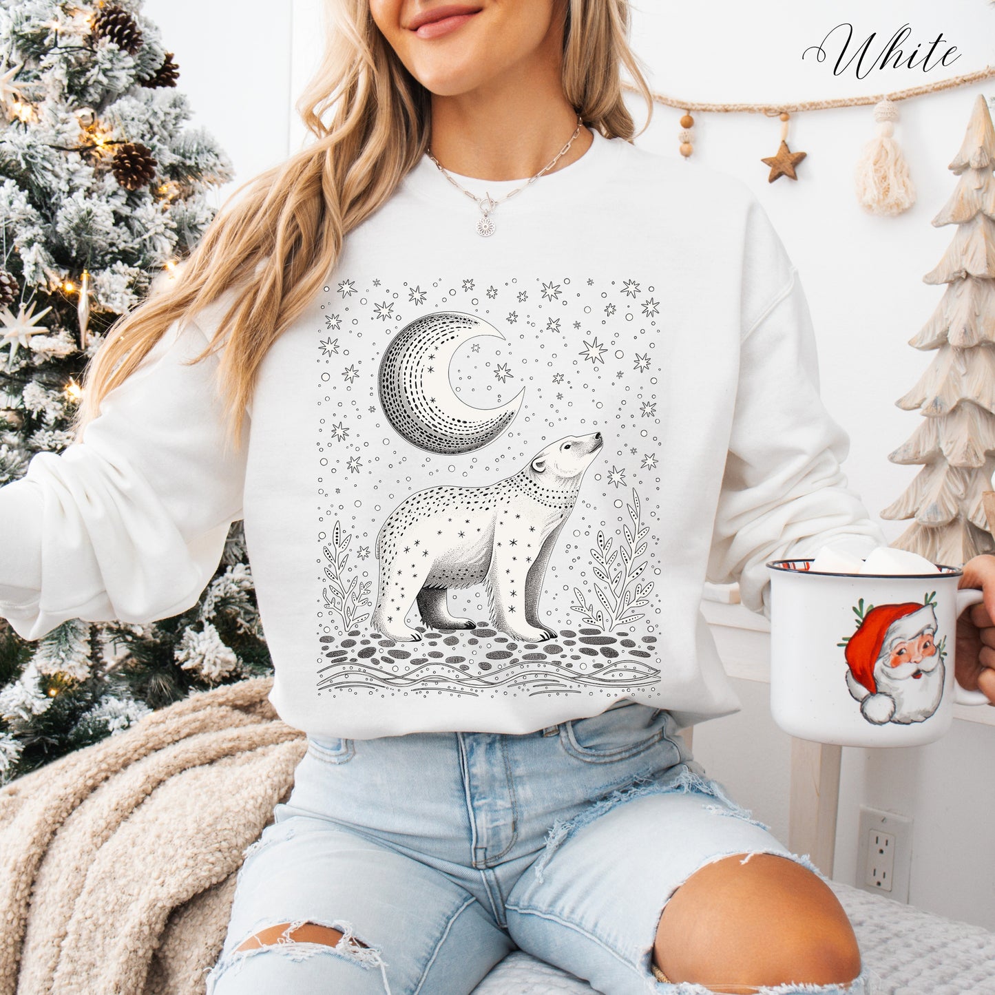 Mystic Moon and Polar Bear Sweatshirt - Nordic Animal Christmas Sweatshirt
