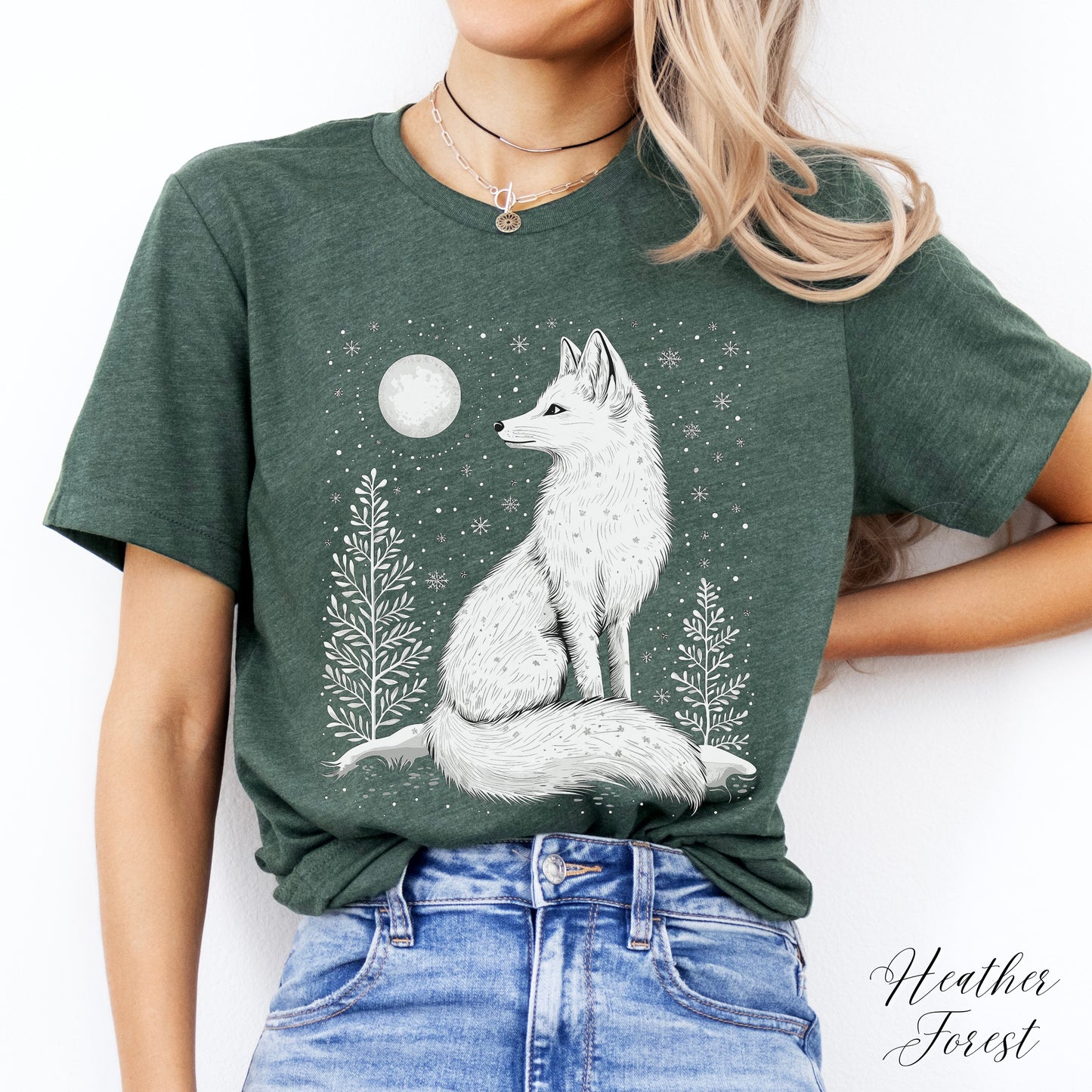 Boho Arctic Fox Shirt - Moon and White Fox Christmas Shirt