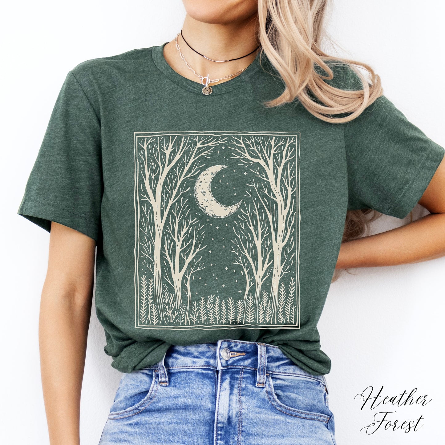 Bohemian Dark Forest Vintage Graphic Tee - Moon and Tree Nature Shirt