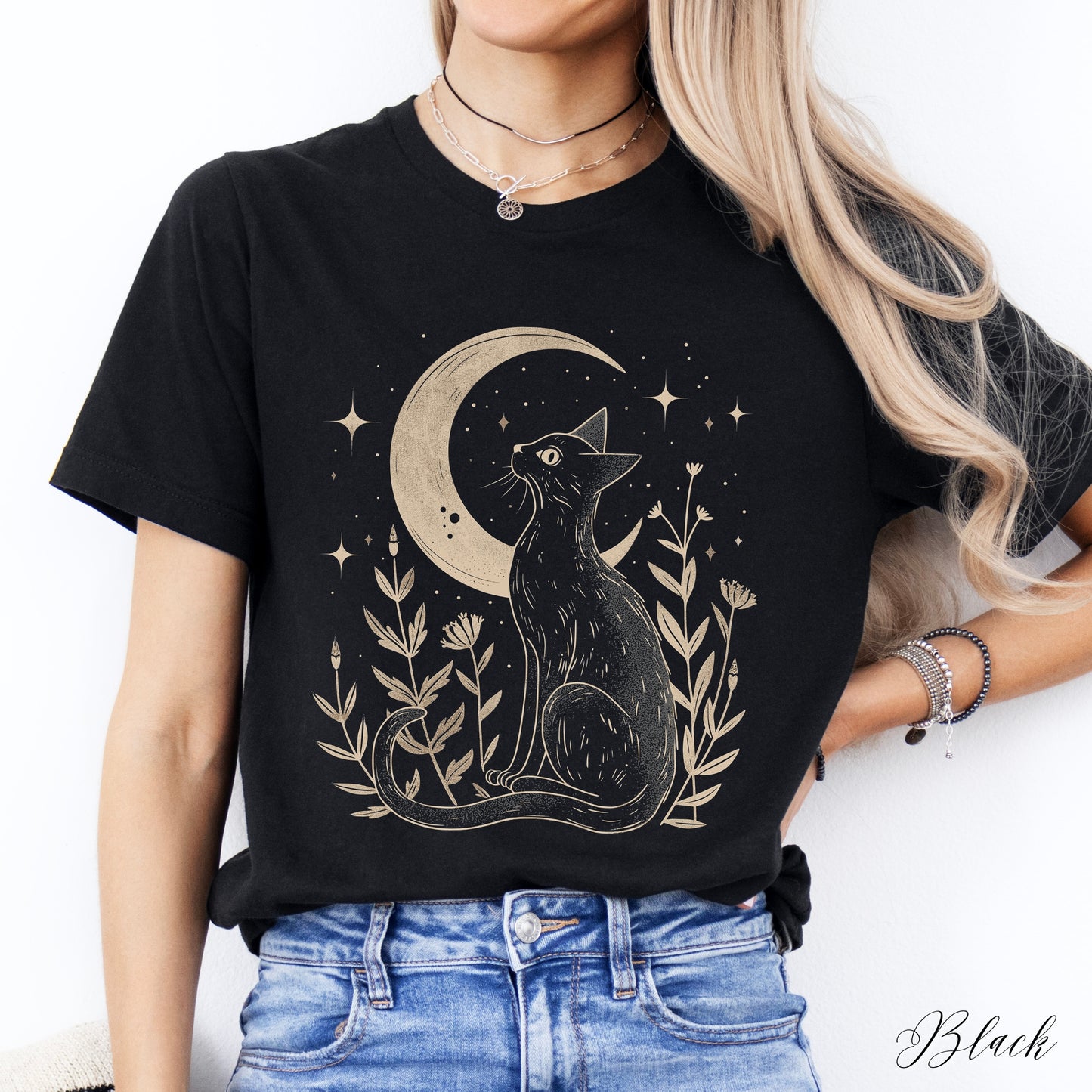 Mystic Moon and Cat Shirt - Vintage Style Boho Shirt
