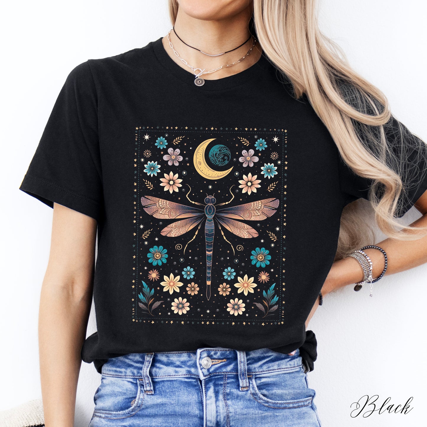Vintage Dragonfly Shirt - Celestial Floral Moon and Dragonfly Graphic Tee - Boho Hippie Clothes