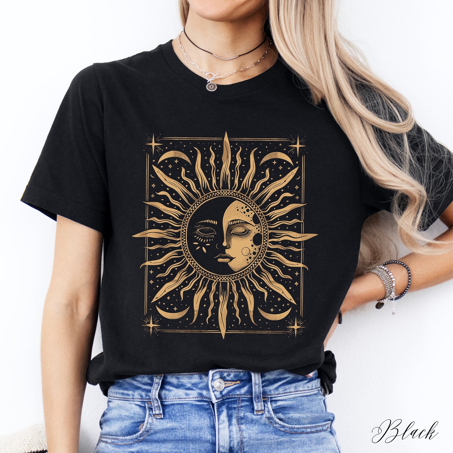 Bohemian Sun and Moon Phase Shirt - Celestial Vintage Graphic Tee