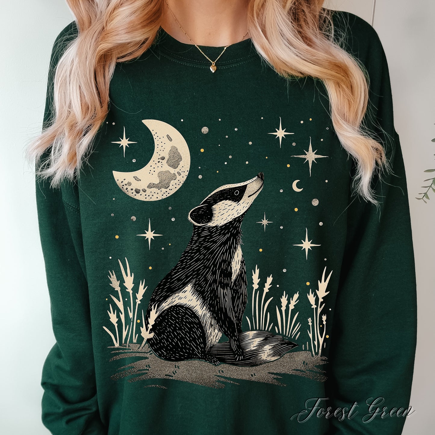Mystic Moon and Badger Sweatshirt - Boho Woodland Animal Jumper