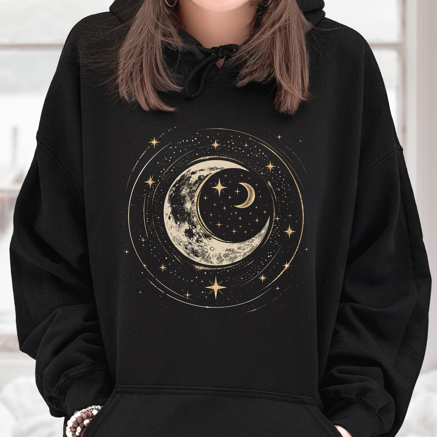 Crescent Moon Hoodie - Bohemian Mystic Moon and Stars Graphic Hoodie