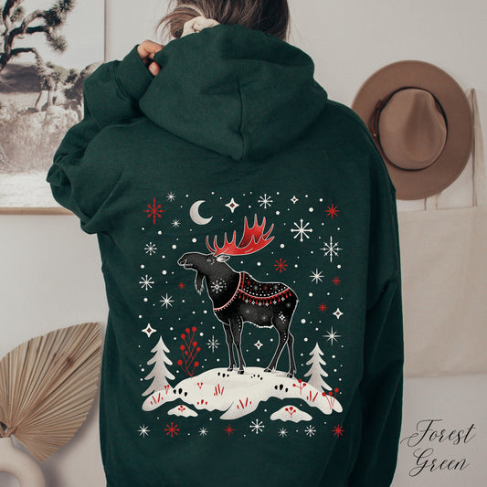 Festive Moose Christmas Hoodie - Cottagecore Deer Sweatshirt - Nordic Animal Winter Hoodie