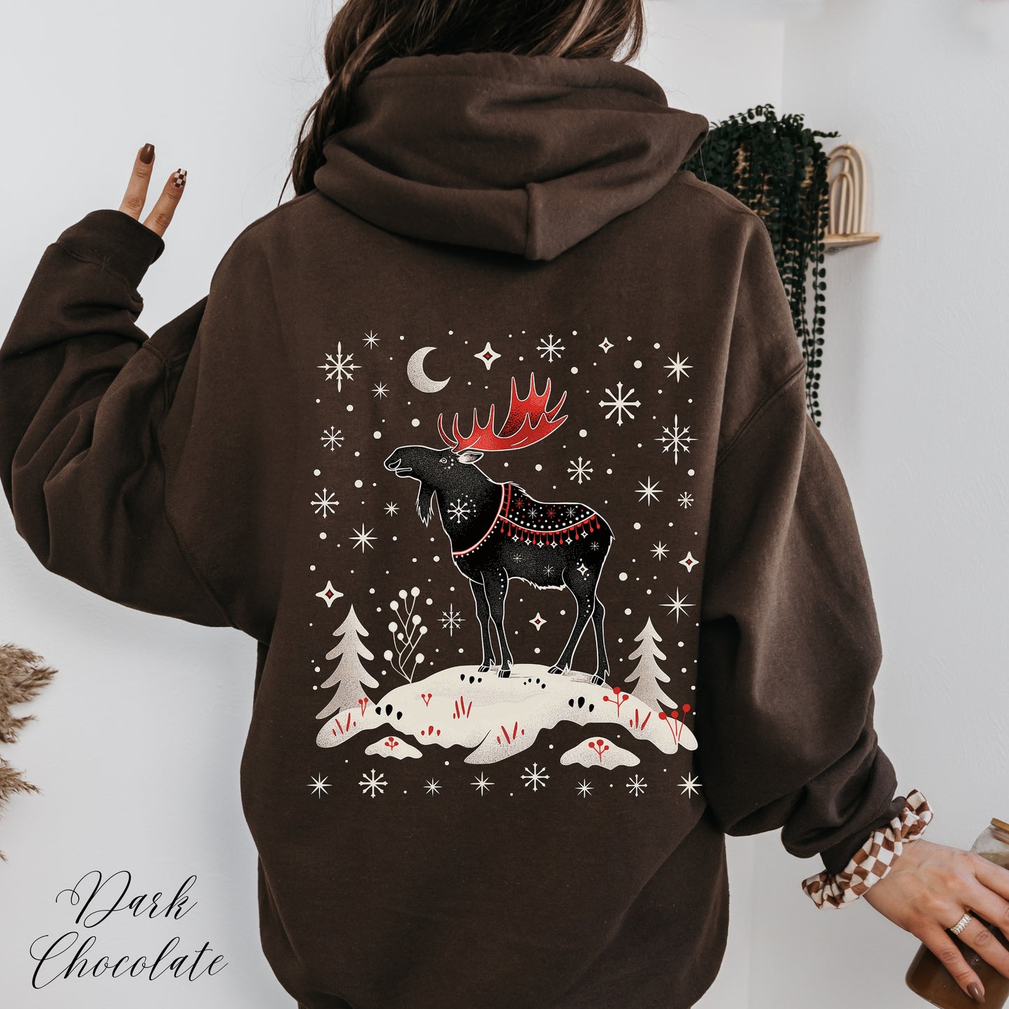 Snowy Moose Christmas Hoodie - Winter Deer Sweatshirt - Arctic Animal Holiday Gifts