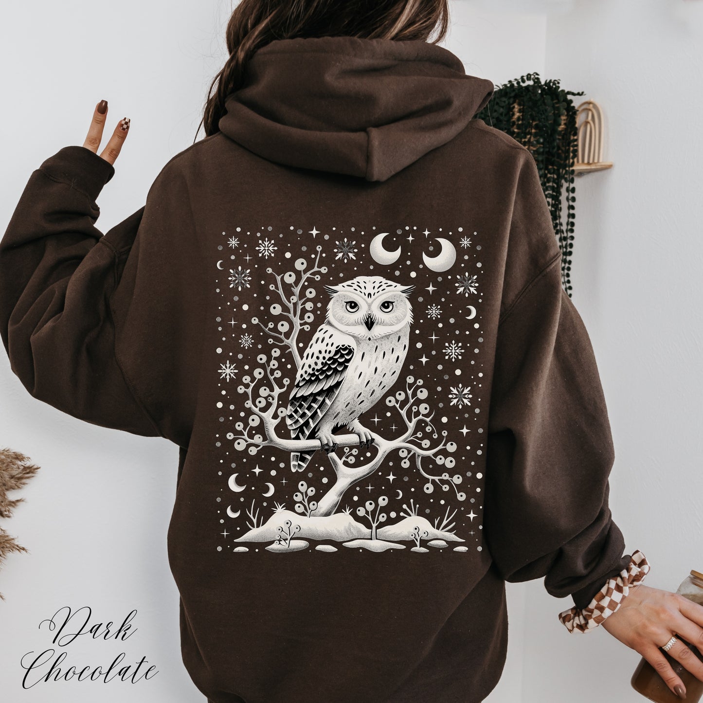 Winter Moon Owl Hoodie - Celestial Boho Christmas Hoodie