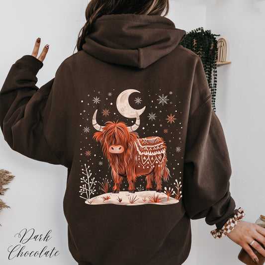 Winter Moon Cow Hoodie - Highland Cow Sweatshirt - Cottagecore Christmas Hoodie