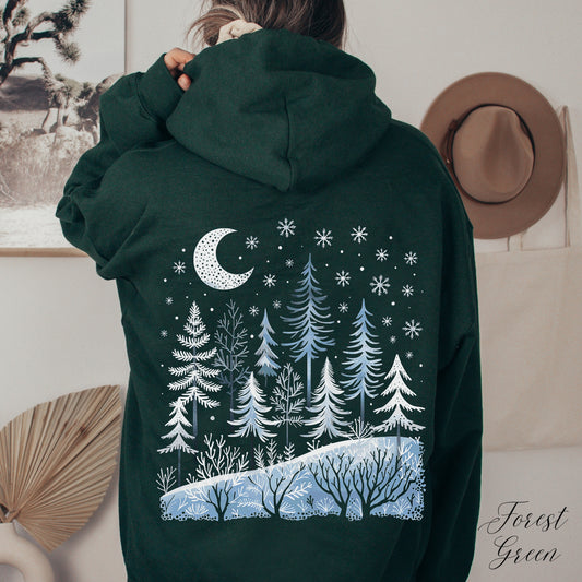 Bohemian Winter Forest Hoodie - Tree, Snow and Moon Cottagecore Christmas Hoodie