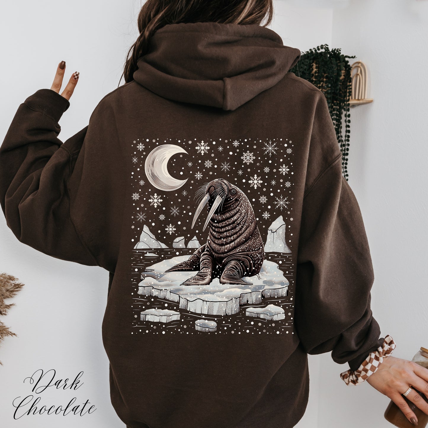 Boho Snow Moon and Walrus Hoodie - Nordic Christmas Animal Hoodie
