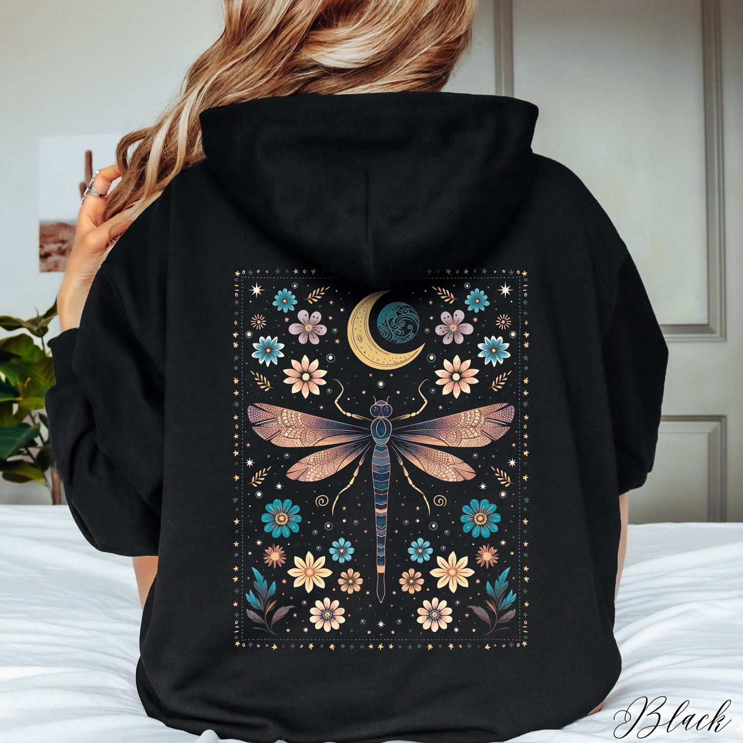 Mystical Vintage Dragonfly Hoodie - Celestial Floral Hippie and Boho Hoodie