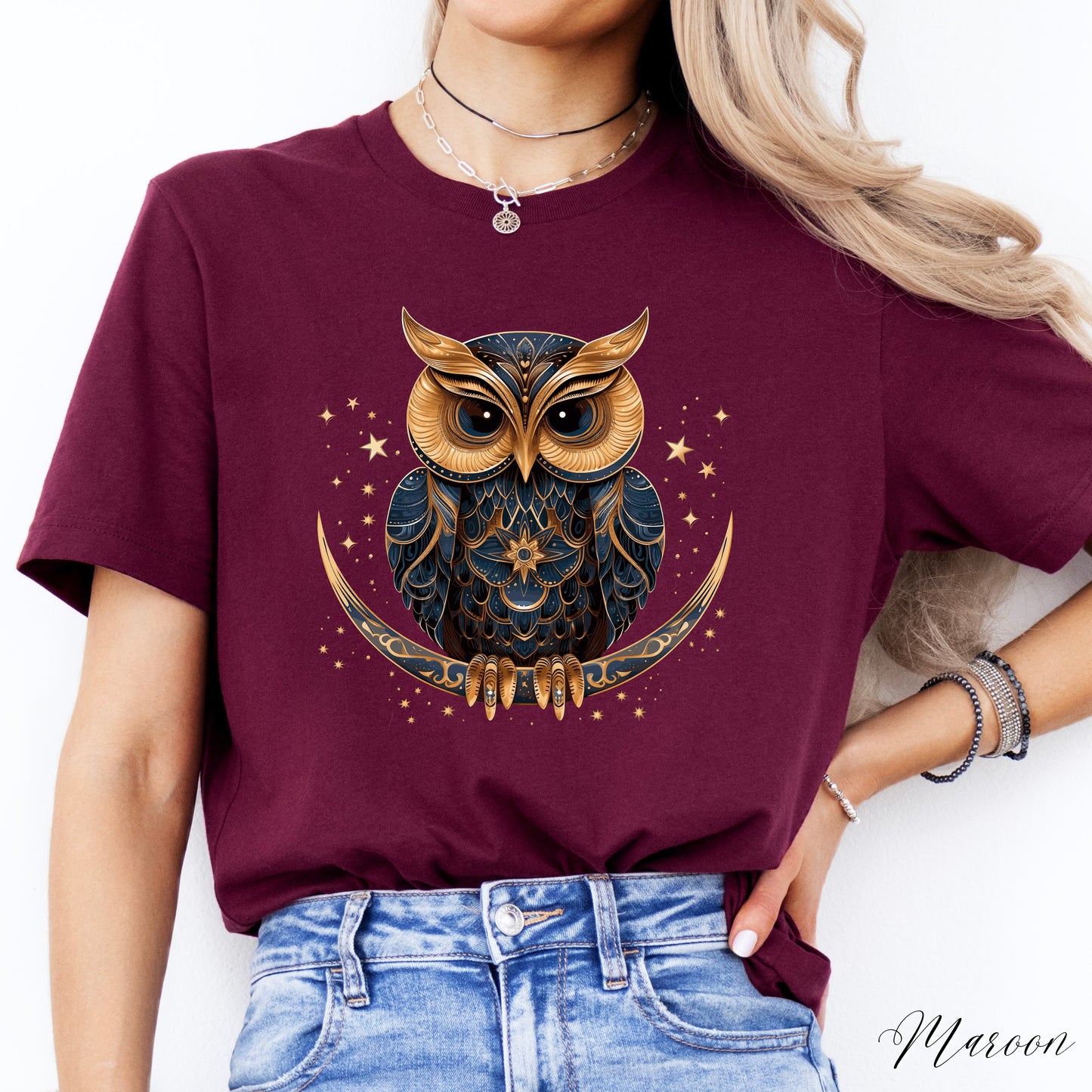Celestial Owl Shirt - Owl on Crescent Moon Vintage Graphic Tee - Boho Shirt