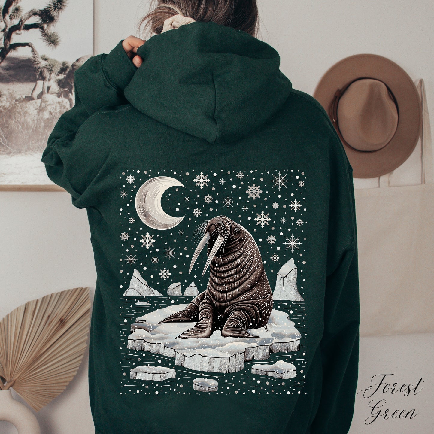 Boho Snow Moon and Walrus Hoodie - Nordic Christmas Animal Hoodie
