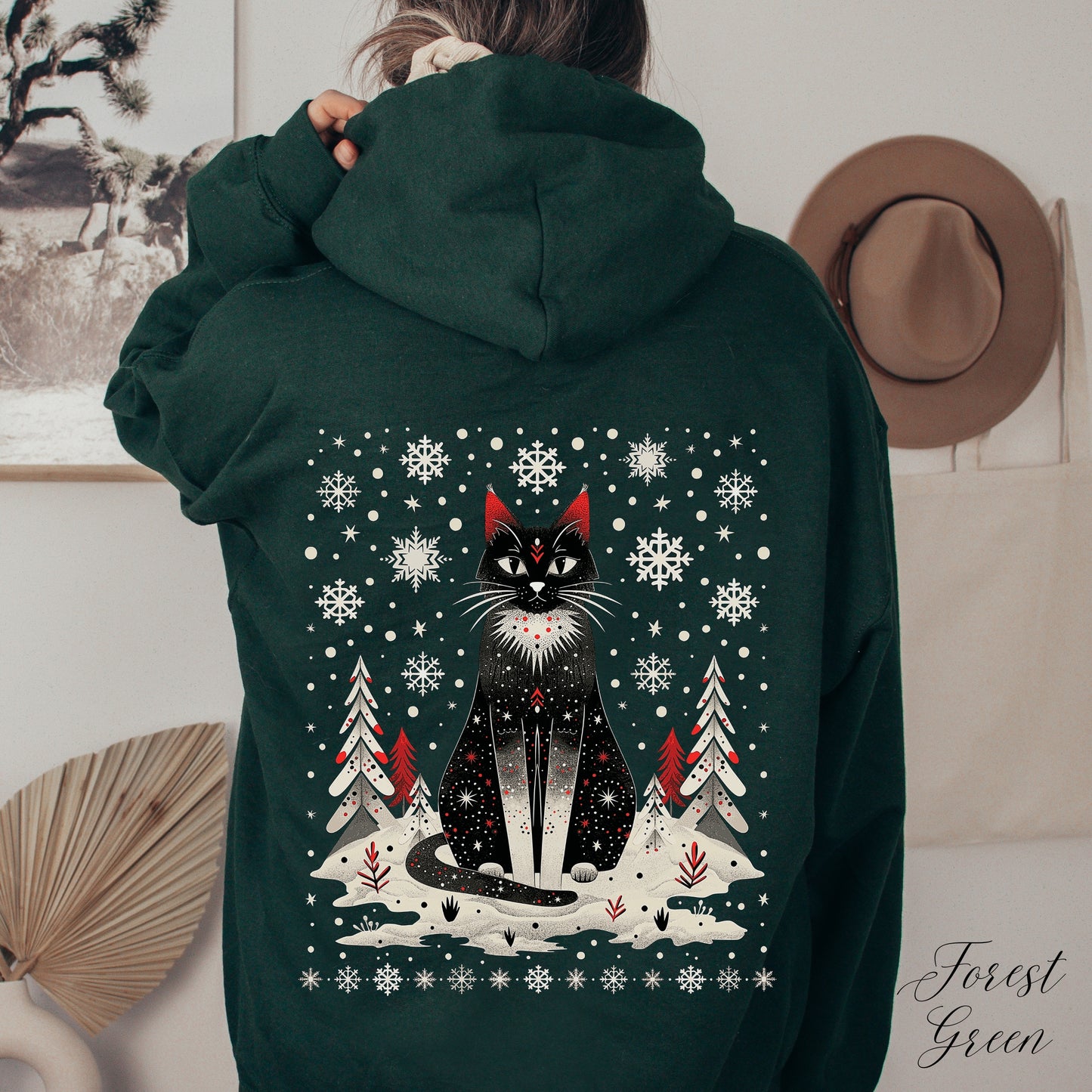 Scandinavian Christmas Cat Hoodie - Boho Christmas Hoodie