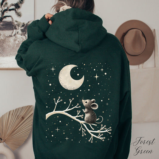 Boho Moon Mouse Hoodie - Cottagecore Winter Animal Christmas Hoodie