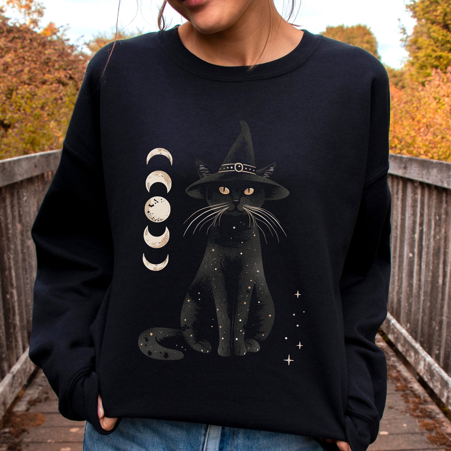 Halloween Cat Sweatshirt - Moon Cat Halloween Sweatshirt - Witch Cat Jumper