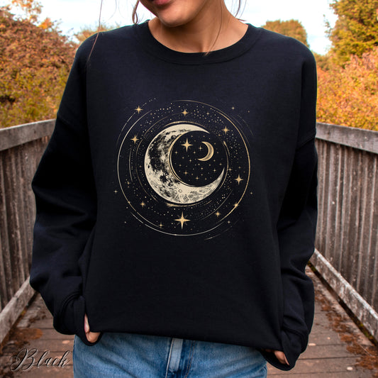 Crescent Moon Sweatshirt - Bohemian Moon Phase and Stars Jumper