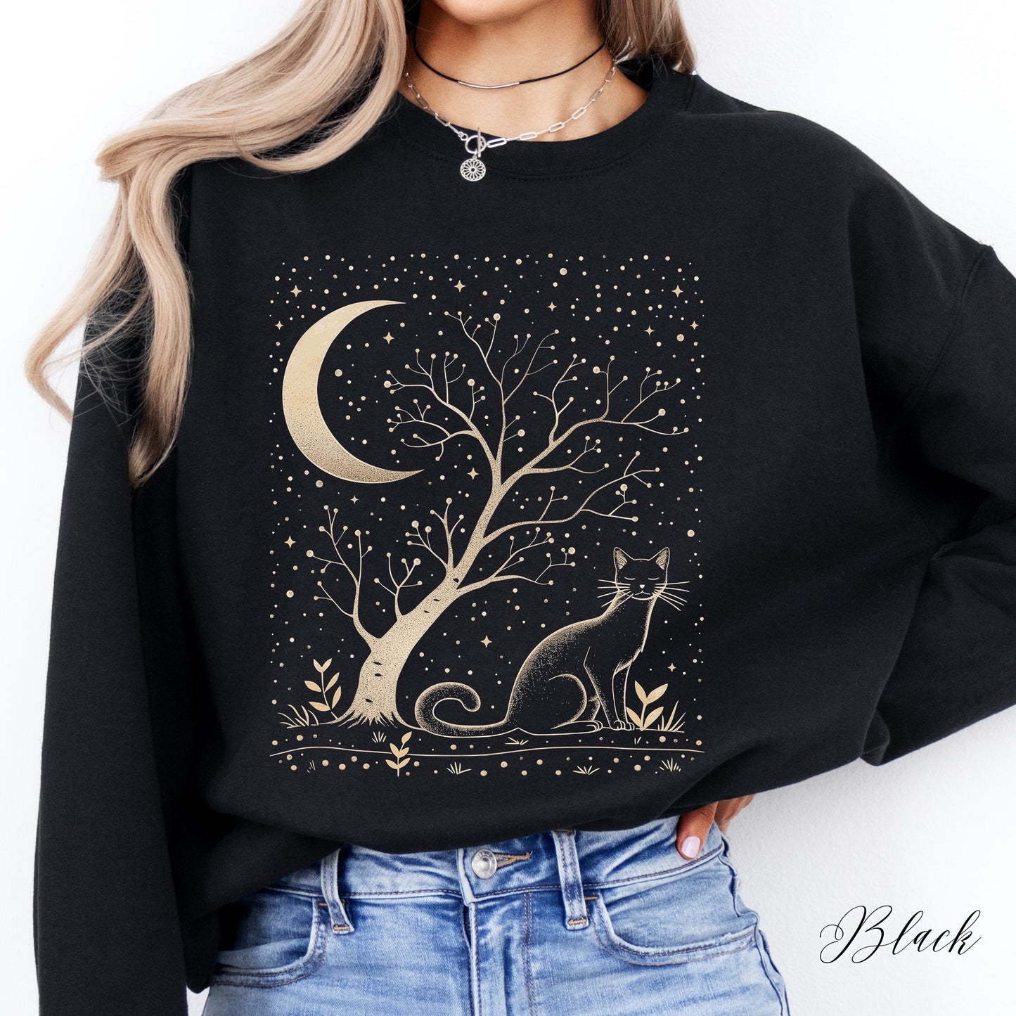 Mystical Cat Sweatshirt - Cat, Tree and Moon Jumper - Bohemian Celestial Sweatshirt