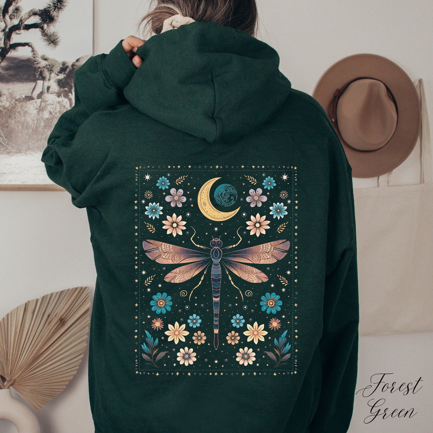 Mystical Vintage Dragonfly Hoodie - Celestial Floral Hippie and Boho Hoodie