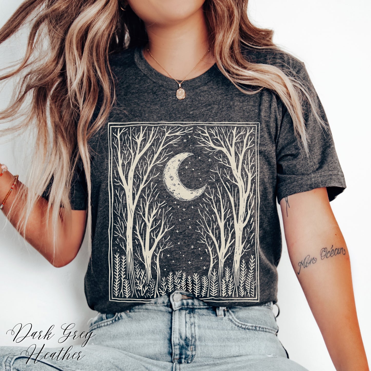 Bohemian Dark Forest Vintage Graphic Tee - Moon and Tree Nature Shirt