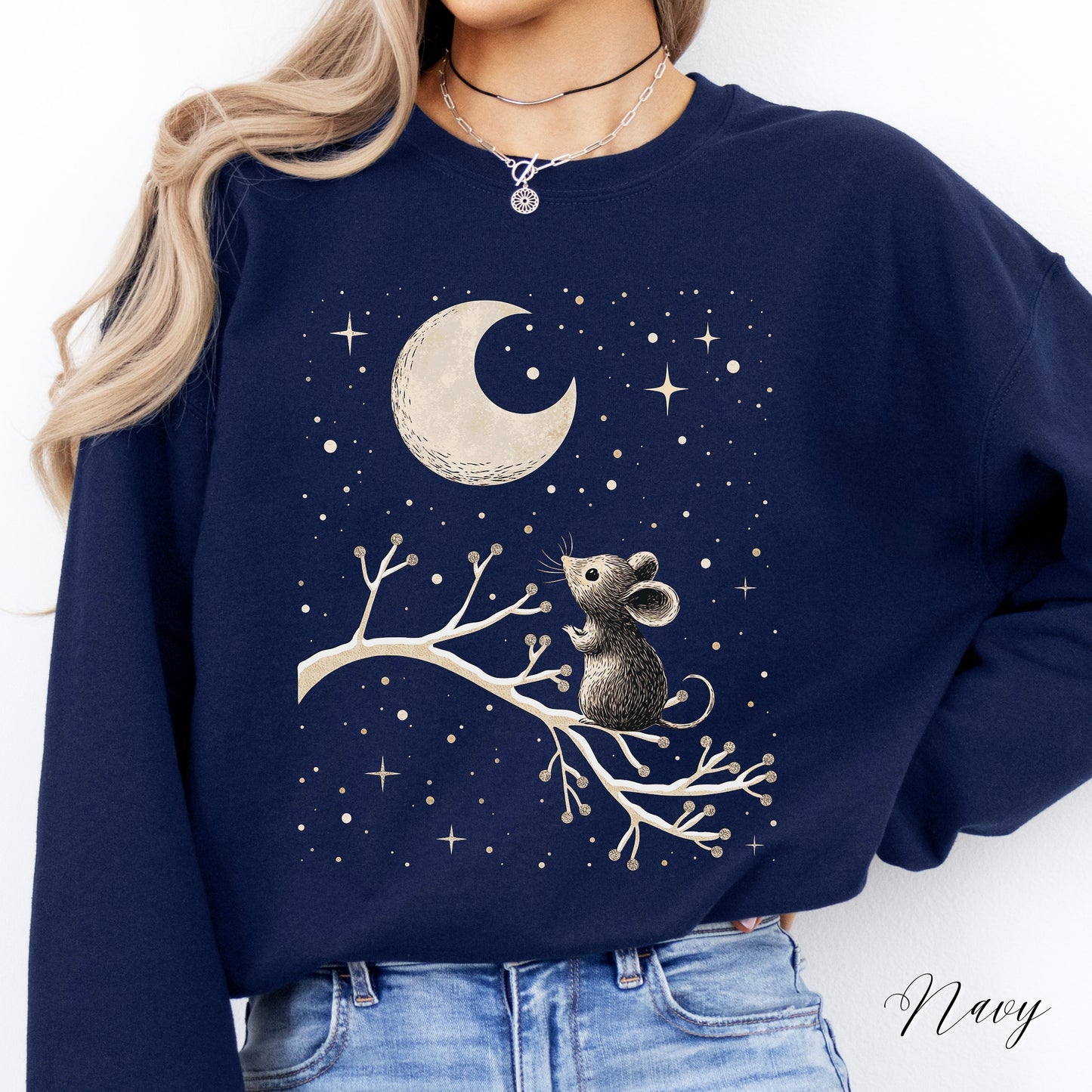 Winter Moon Mouse Christmas Sweatshirt - Celestial Winter Animal Jumper