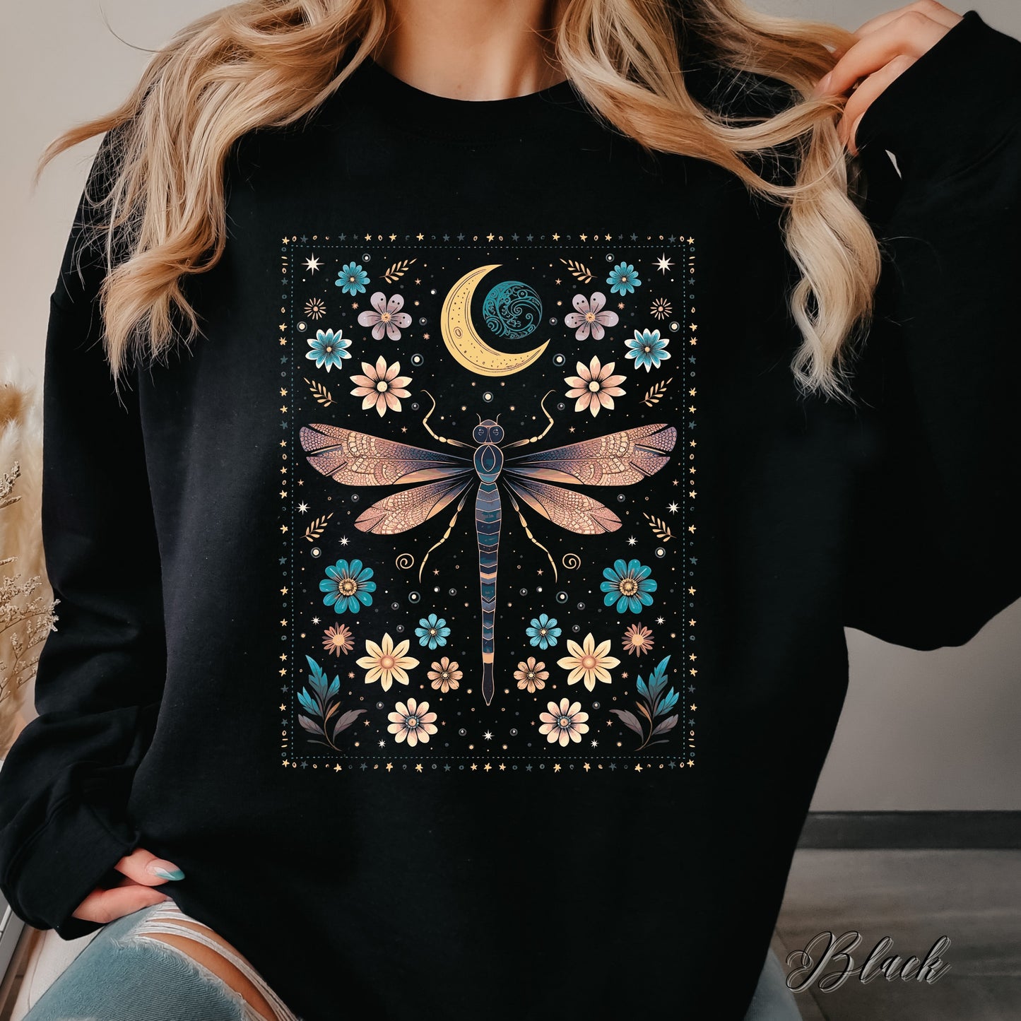 Bohemian Vintage Dragonfly Sweatshirt - Celestial Floral Hippie Sweatshirt
